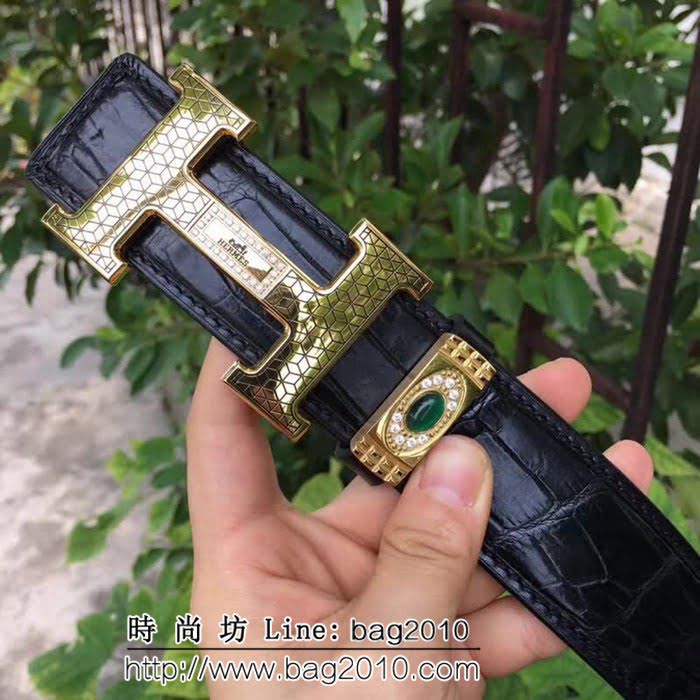 愛馬仕HERMES Hermes 純手工美洲鱷魚無拼接肚皮 高端男士皮帶 HHG1346
